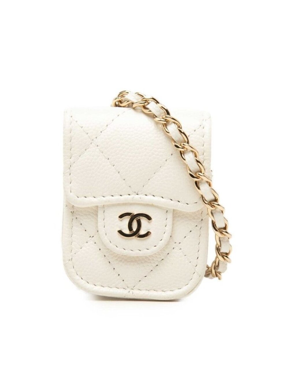 Chanel CC Logo Quilted Airpods Case Earphones Chain Shoulder Bag White Caviar